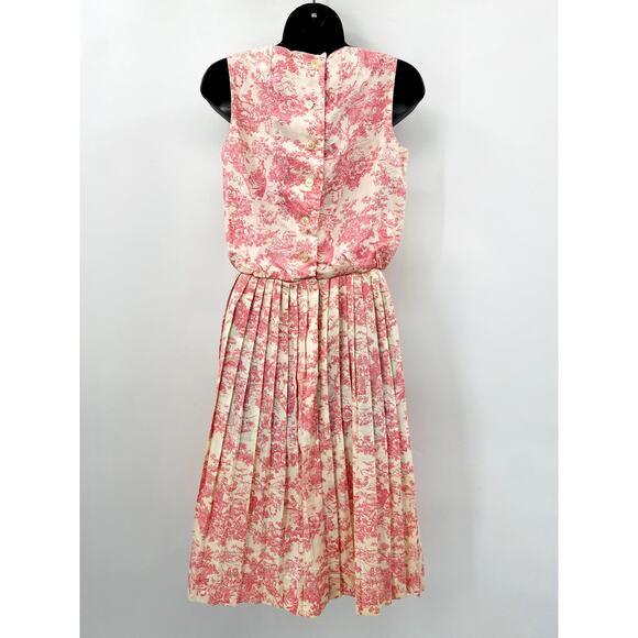 Vintage Toile Pink Cottage Core Pleated Midi Dress - Picture 3 of 7